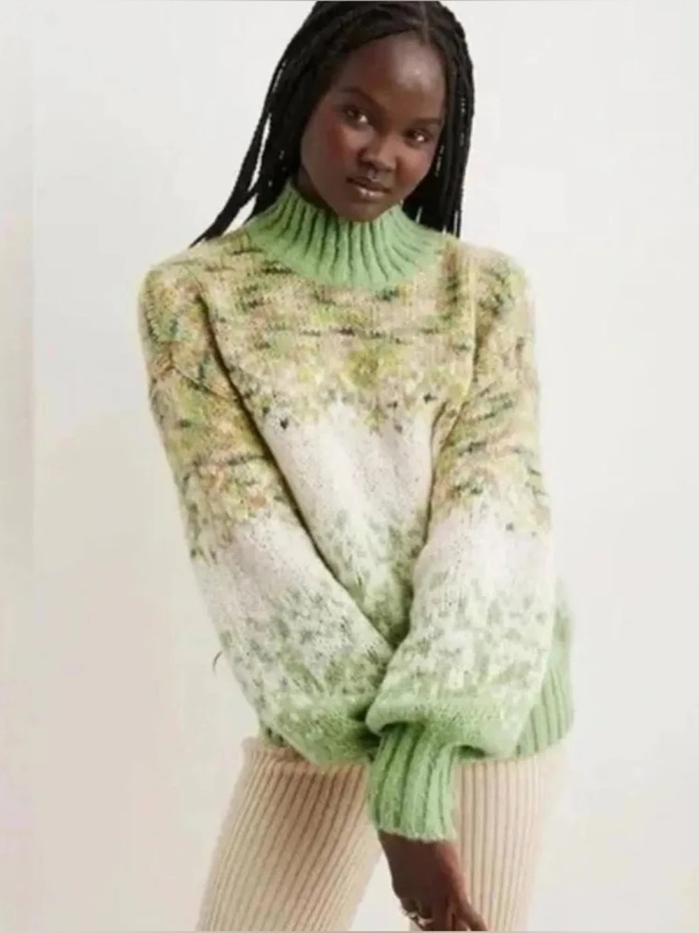 Aerie Fair Isle Green Mock Neck Wool Blend Sweater size S chic preppy 90s cozy